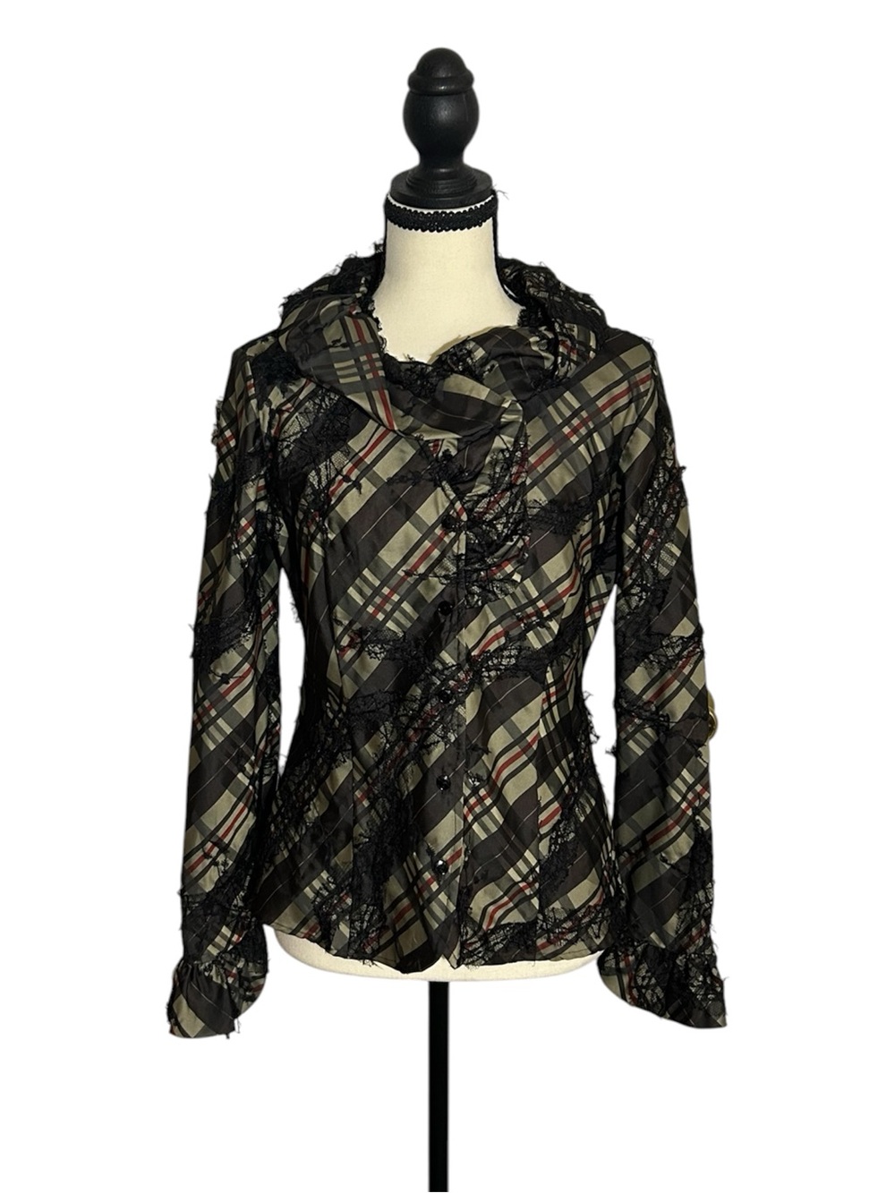 Samuel Dong Black Beige Red Plaid Lace-Trim Blouse Blazer Sz S